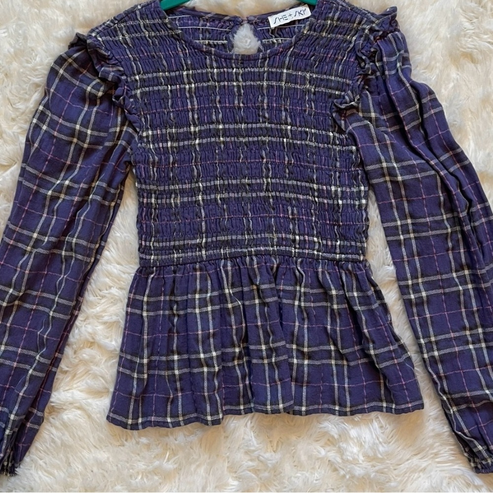 She & Sky Smocked Plaid Blouse Cottagecore Academia Peplum Puff Sleeve Sz S - Picture 2 of 7